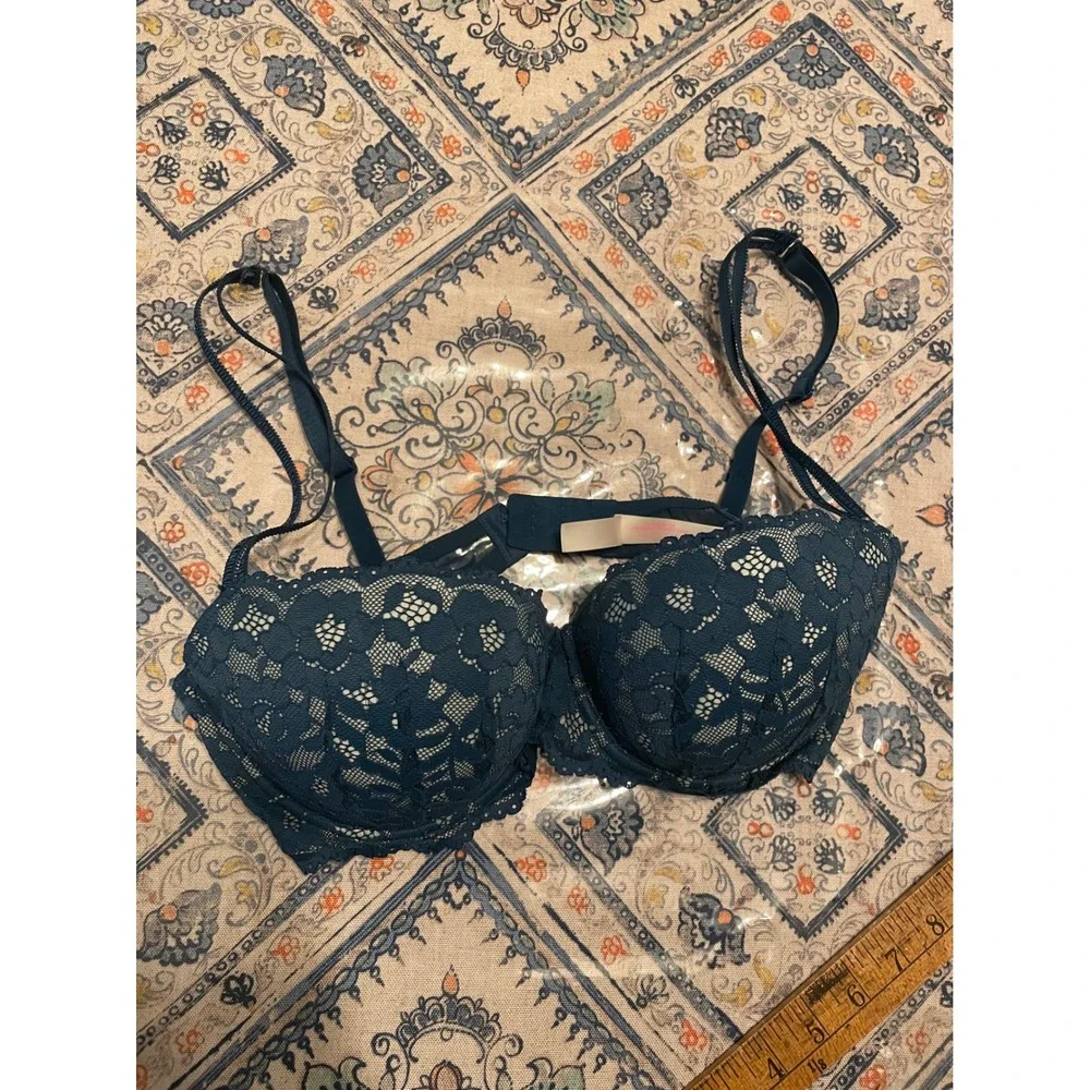 Victoria's Secret PINK Date Push Up Bra 36D Teal Blue Floral Lace Underwire